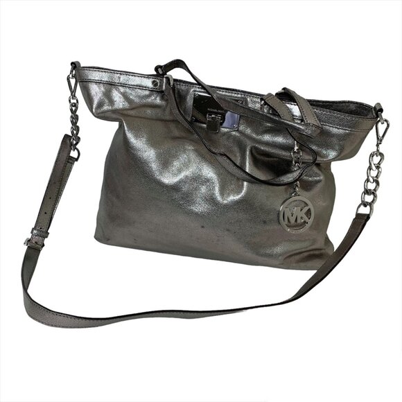 Michael Kors Silver Nickel Futuristic Metallic Channing Leather Tote Corpcore - Picture 1 of 8